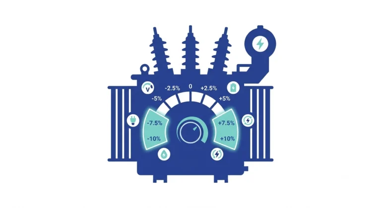 Distribution transformer tap range diagram showing voltage adjustment positions and percentage window