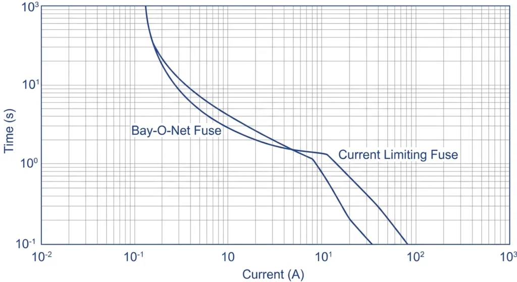 Curva de coordinación tiempo-corriente del fusible Bay-O-Net y del fusible limitador de corriente