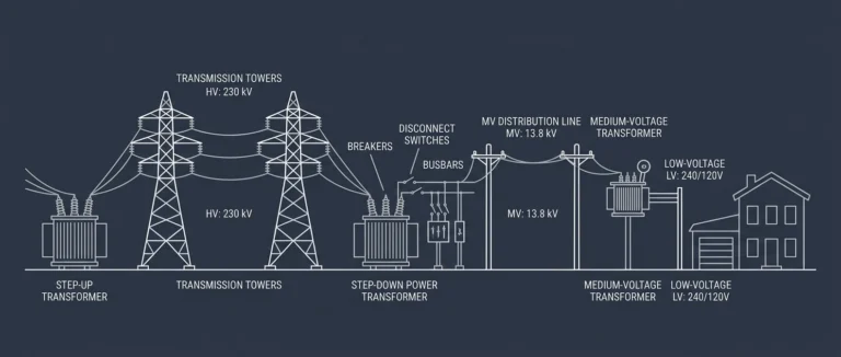 Transformador de media tensión en una red de distribución eléctrica, desde la transmisión hasta el suministro de baja tensión