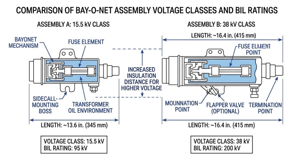 Comparação lado a lado entre conjuntos Bay-O-Net de 8,7/15/25 kV e 38 kV, mostrando a diferença na classificação de BIL