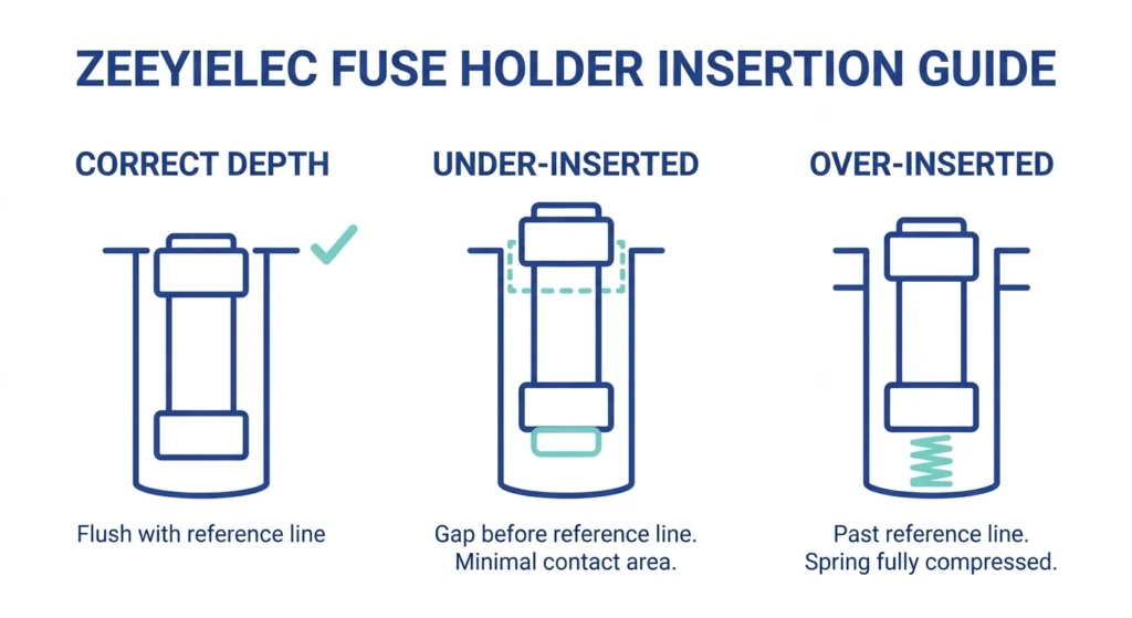 Infográfico comparando as posições corretas, de inserção insuficiente e de inserção excessiva do porta-fusível Bay-O-Net