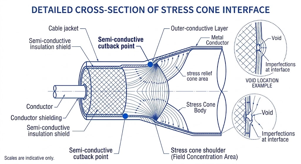 Seção transversal da interface do cone de tensão com pontos de concentração do campo elétrico