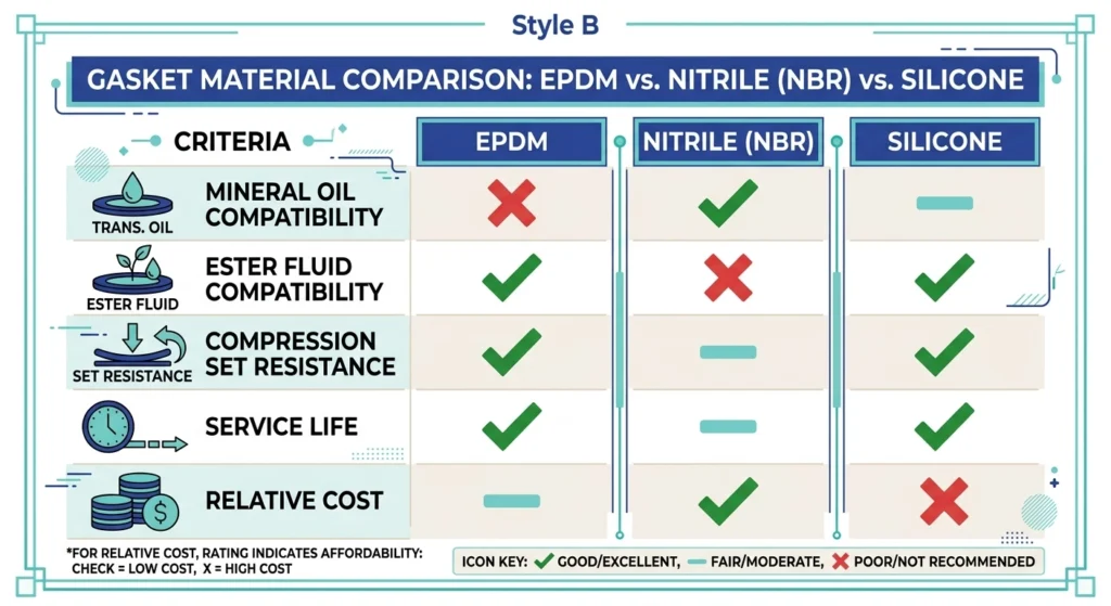 Infográfico comparativo entre juntas de EPDM, nitrilo e silicone