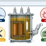 Current-limiting fuse field questions infographic for oil-filled distribution transformers, covering inrush, faults and replacement