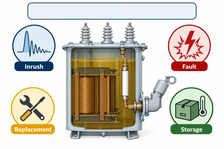 Current-limiting fuse field questions infographic for oil-filled distribution transformers, covering inrush, faults and replacement