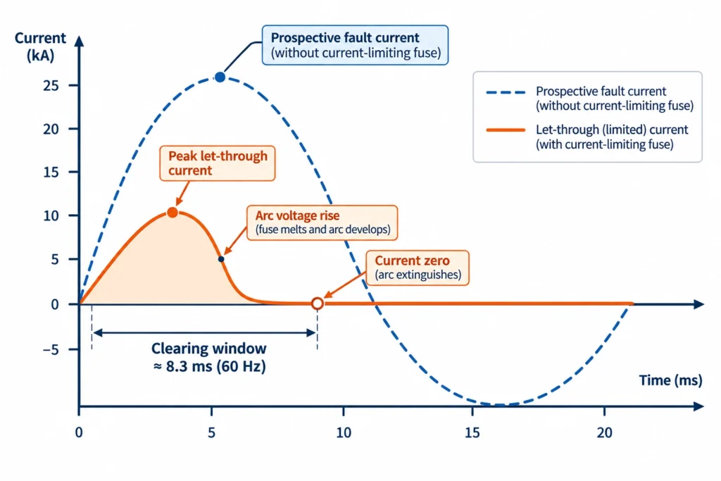 Graph comparing prospective fault current and current-limiting fuse let-through current in an 8.3 ms window