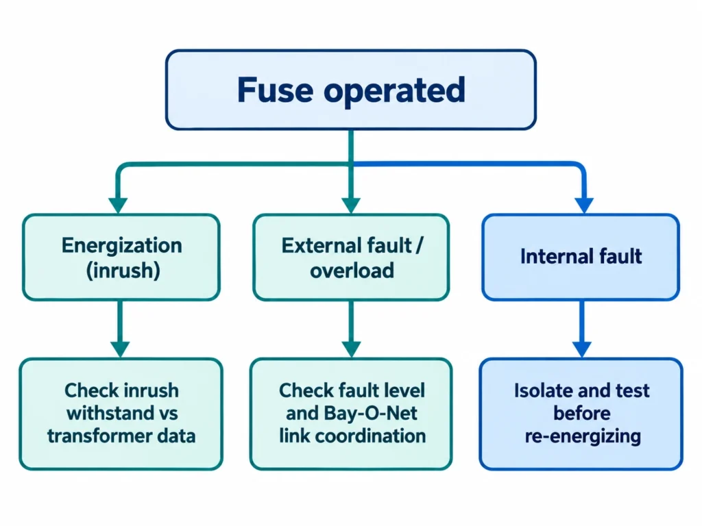Decision map sorting a current-limiting fuse operation into inrush, external fault or internal fault causes