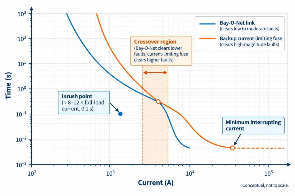 Time-current curves of a Bay-O-Net link and backup current-limiting fuse showing crossover and inrush point