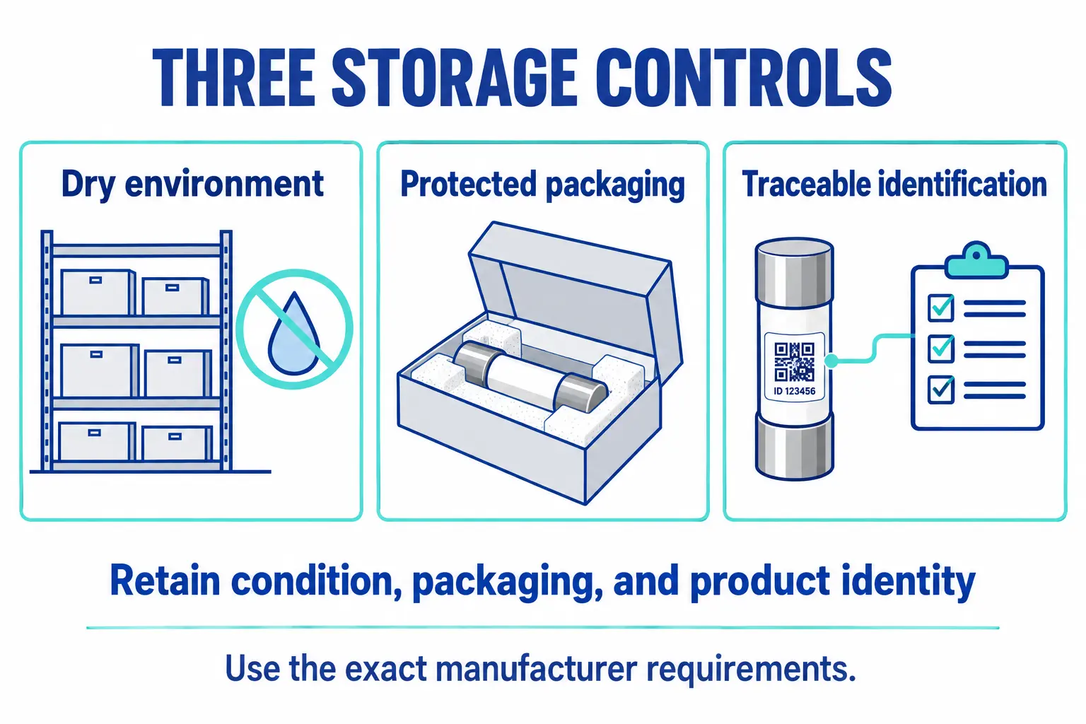Three fuse storage controls covering dry conditions, protected packaging, and traceable identification