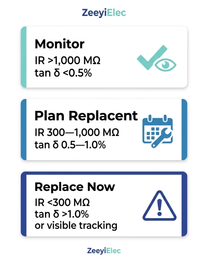 Infográfico do quadro de decisão sobre reparo ou substituição de monitores para buchas de baixa tensão