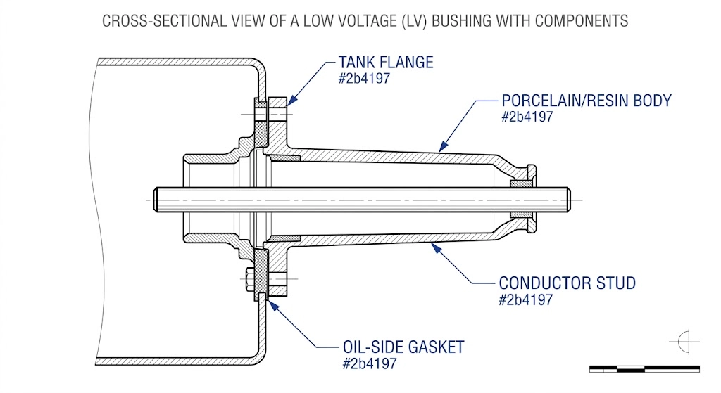 Cutaway diagram of LV bushing labeled with RFQ specification fields
