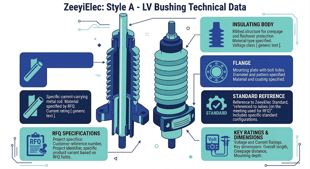 Infographic of electrical and mechanical parameters for LV bushing RFQ