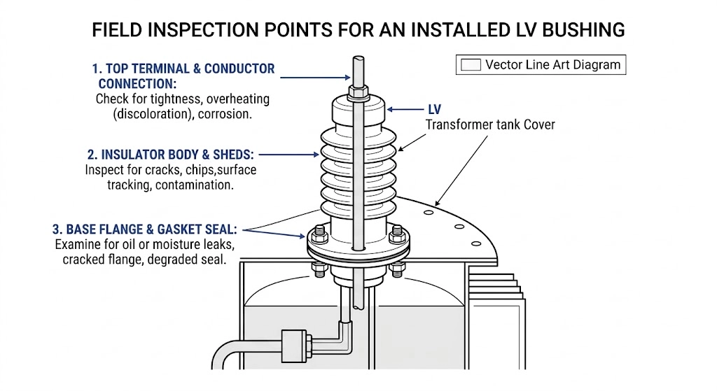 Field technician checklist for LV bushing pre-energization inspection