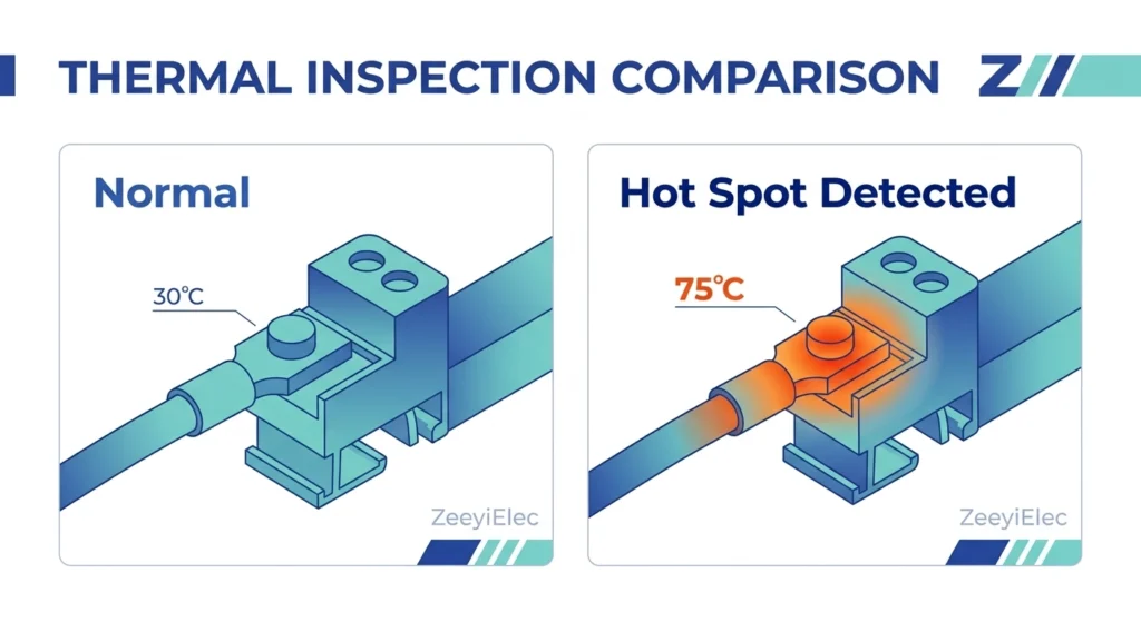 Comparação por termografia infravermelha entre um terminal de bucha normal e um superaquecido
