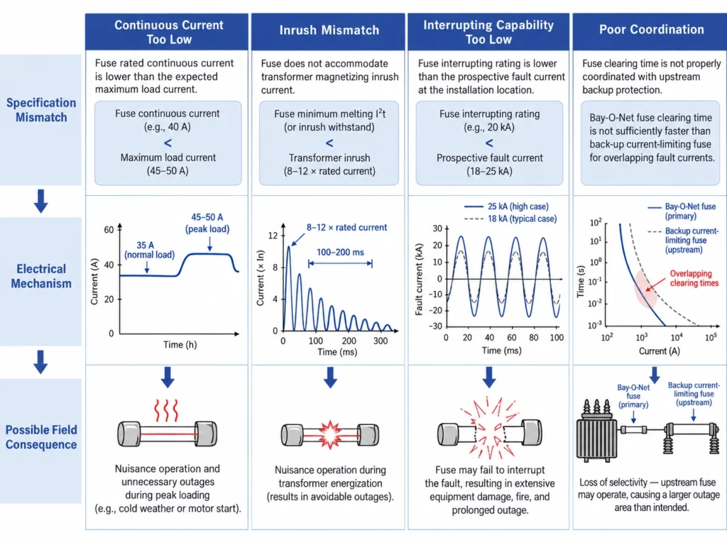 Four transformer fuse specification mismatches causing protection and coordination risks