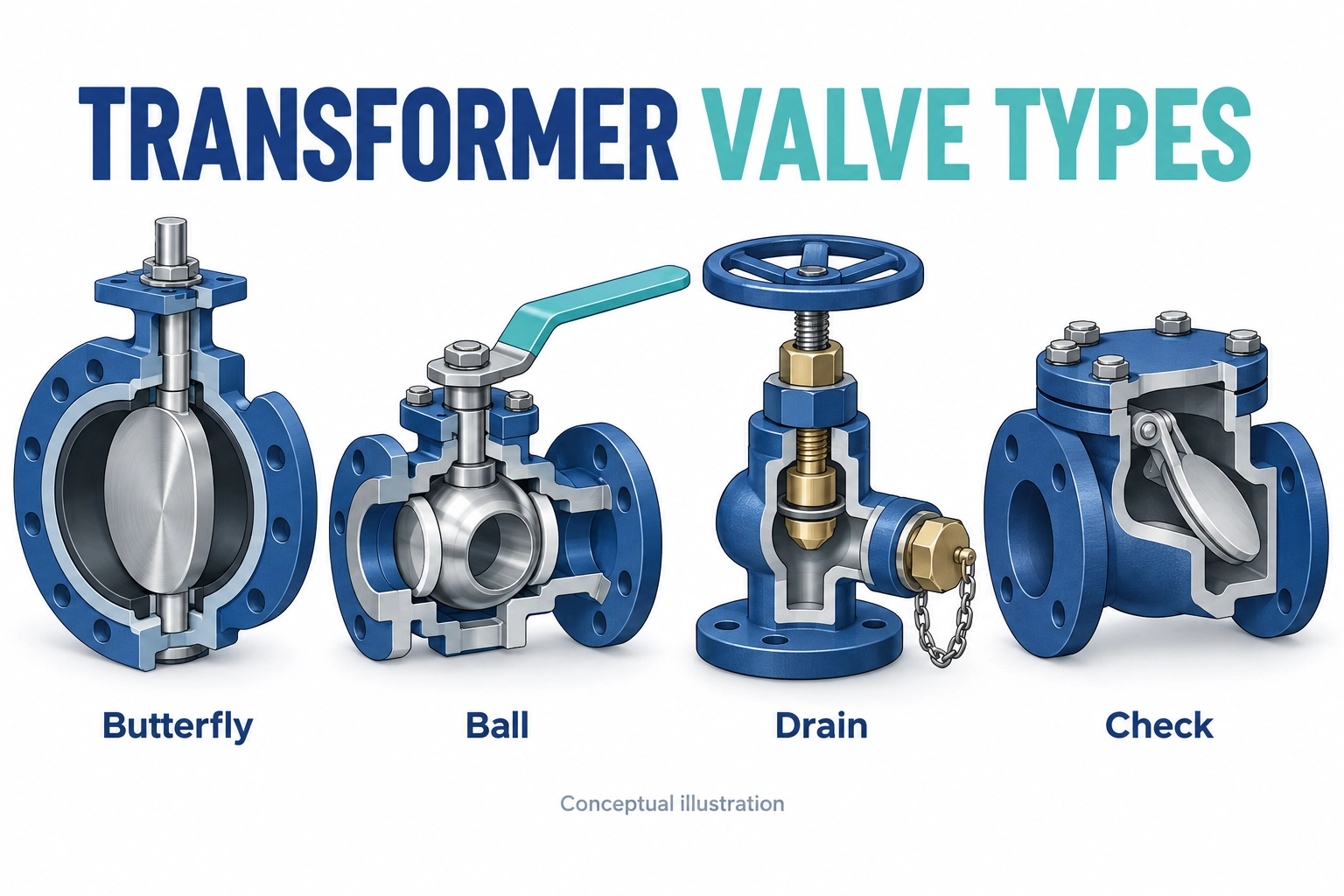 Conceptual overview of butterfly, ball, drain and check transformer valve types