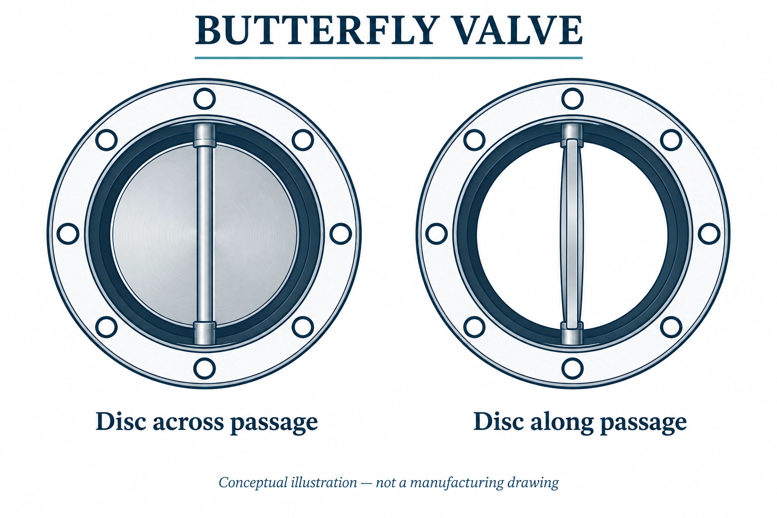 Butterfly valve disc shown across and along the passage in a conceptual front view