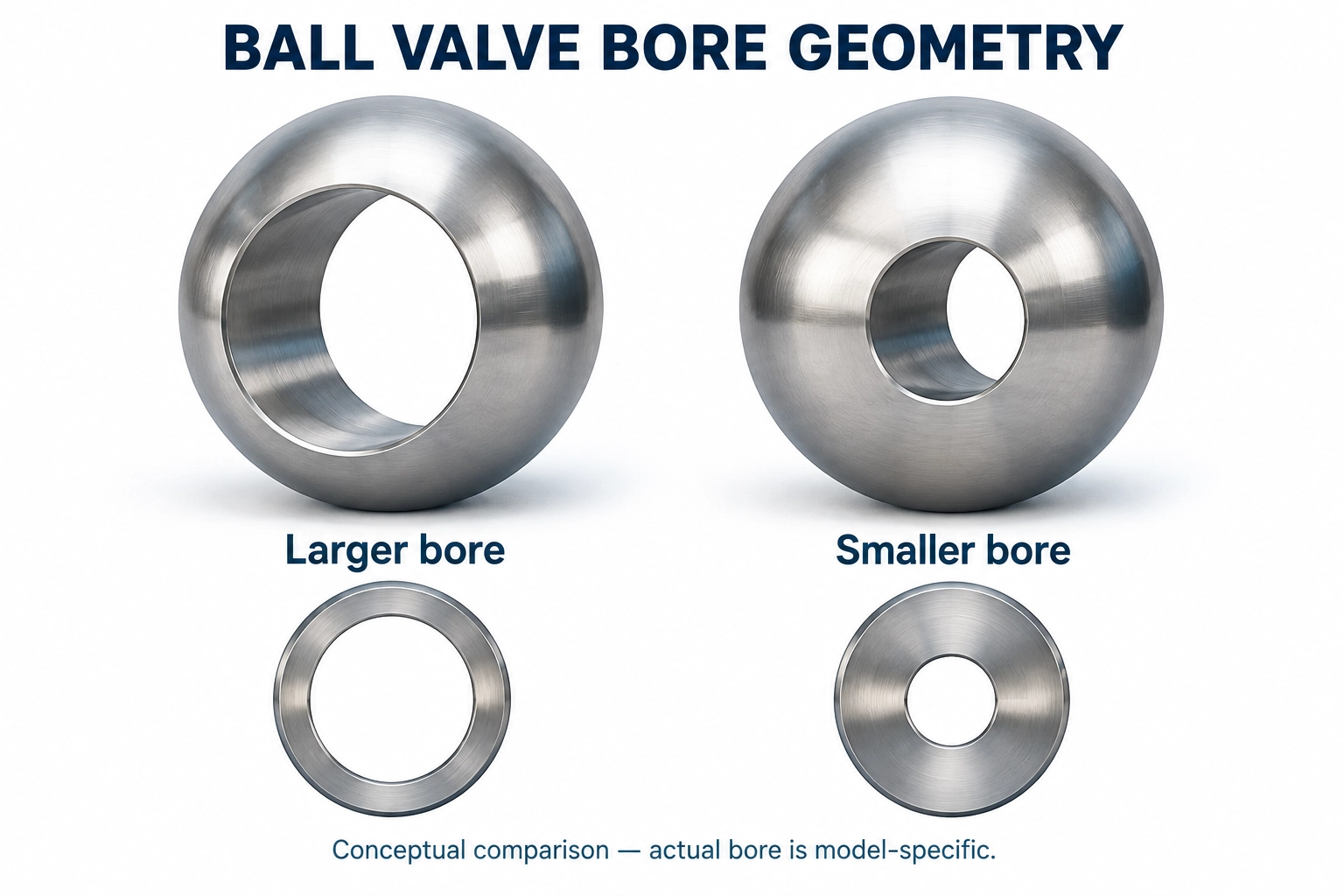Conceptual ball valve spheres with larger and smaller internal bores