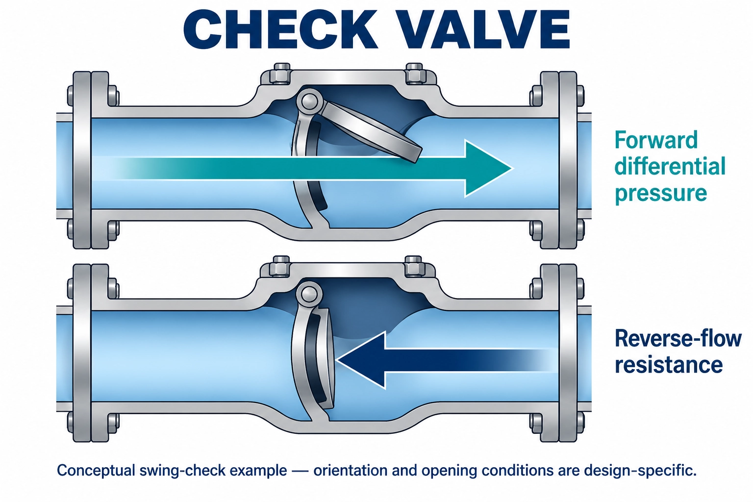 Conceptual swing check valve under forward differential pressure and reverse-flow conditions